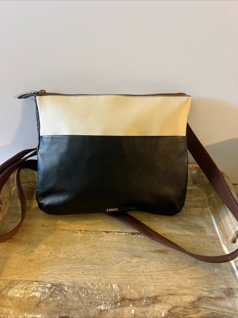 Fossil Black and Cream Leather Messenger Crossbody